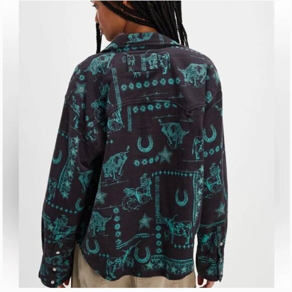 Free People We the Free Calico Western Print Flannel Shirt Charcoal Combo - Picture 3 of 8